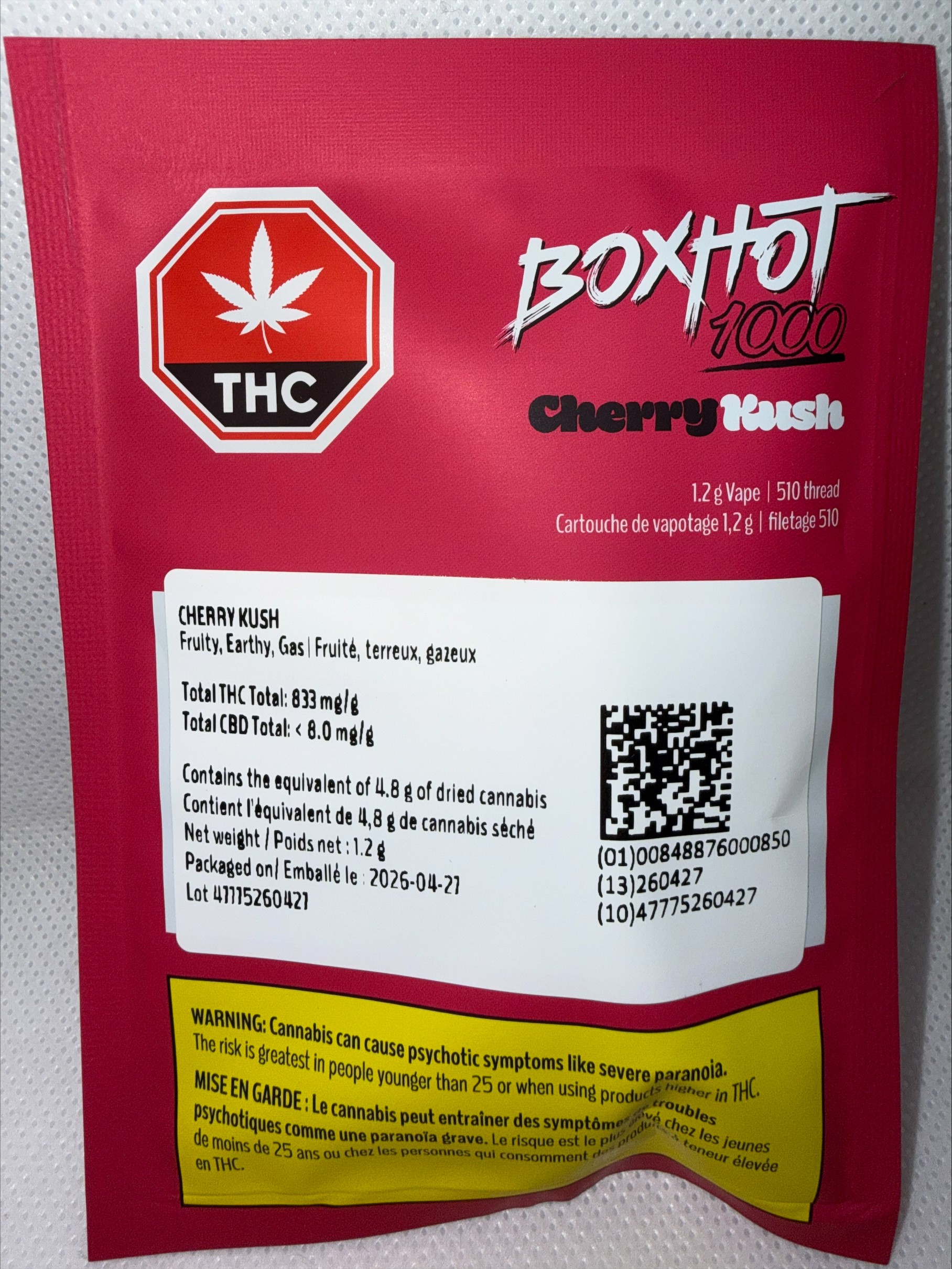BOXHOT 1000 - CHERRY KUSH PREFILLED VAPE