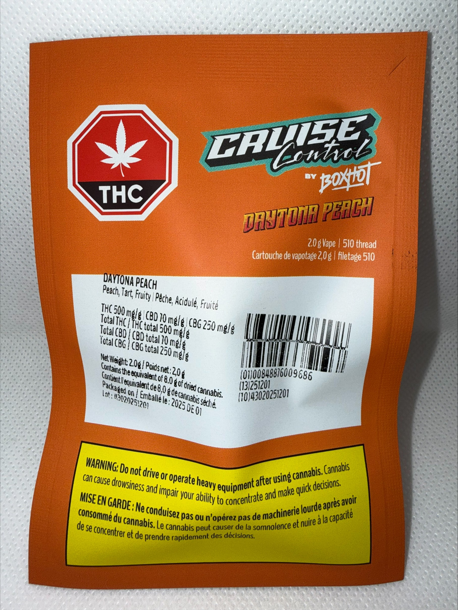 CRUISE CONTROL BY BOXHOT - DAYTONA PEACH THC + CBG 2.0G 510 VAPE