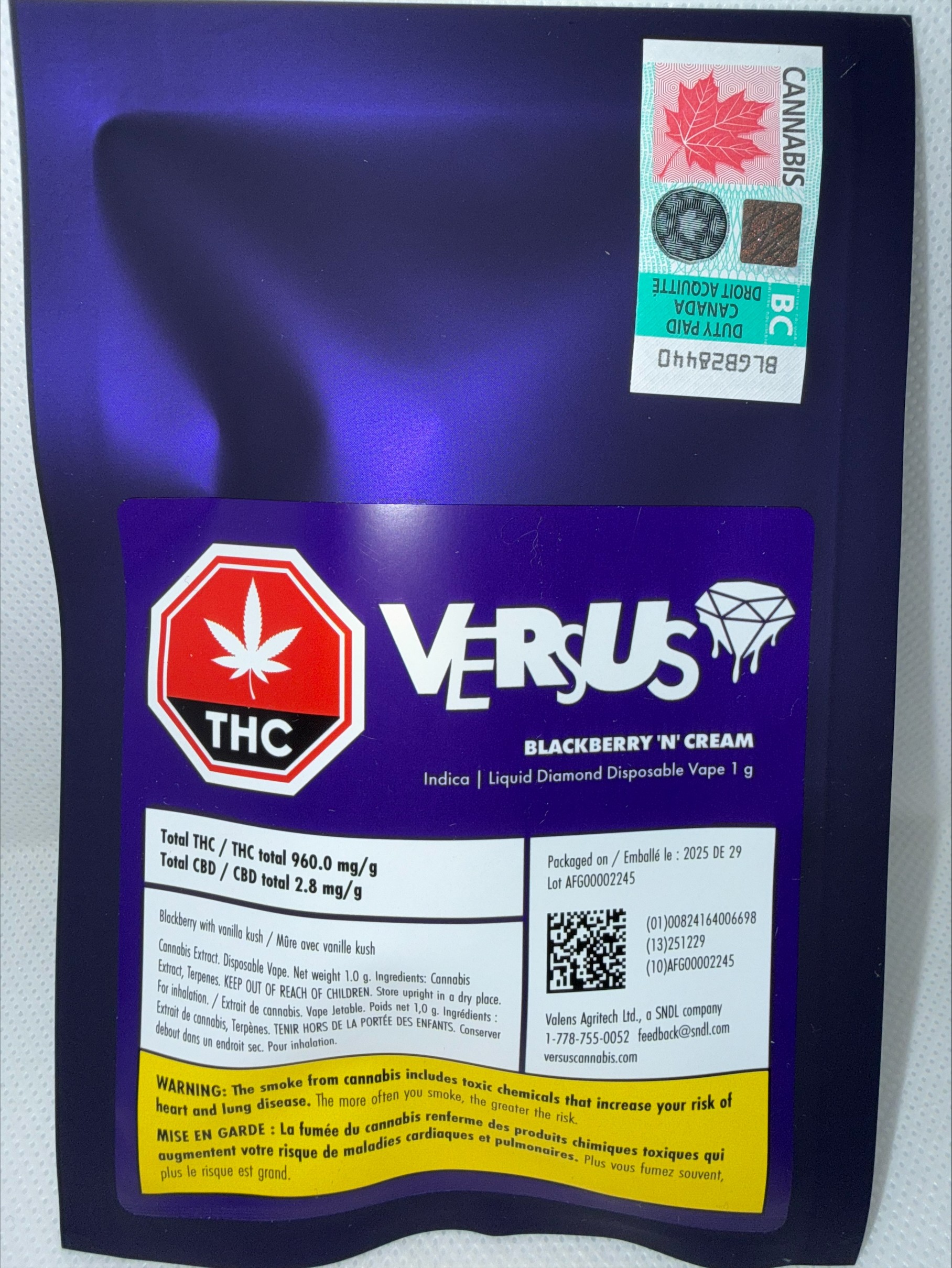 VERSUS - BLACKBERRY N' CREAM LIQUID DIAMOND DISPOSABLE VAPE