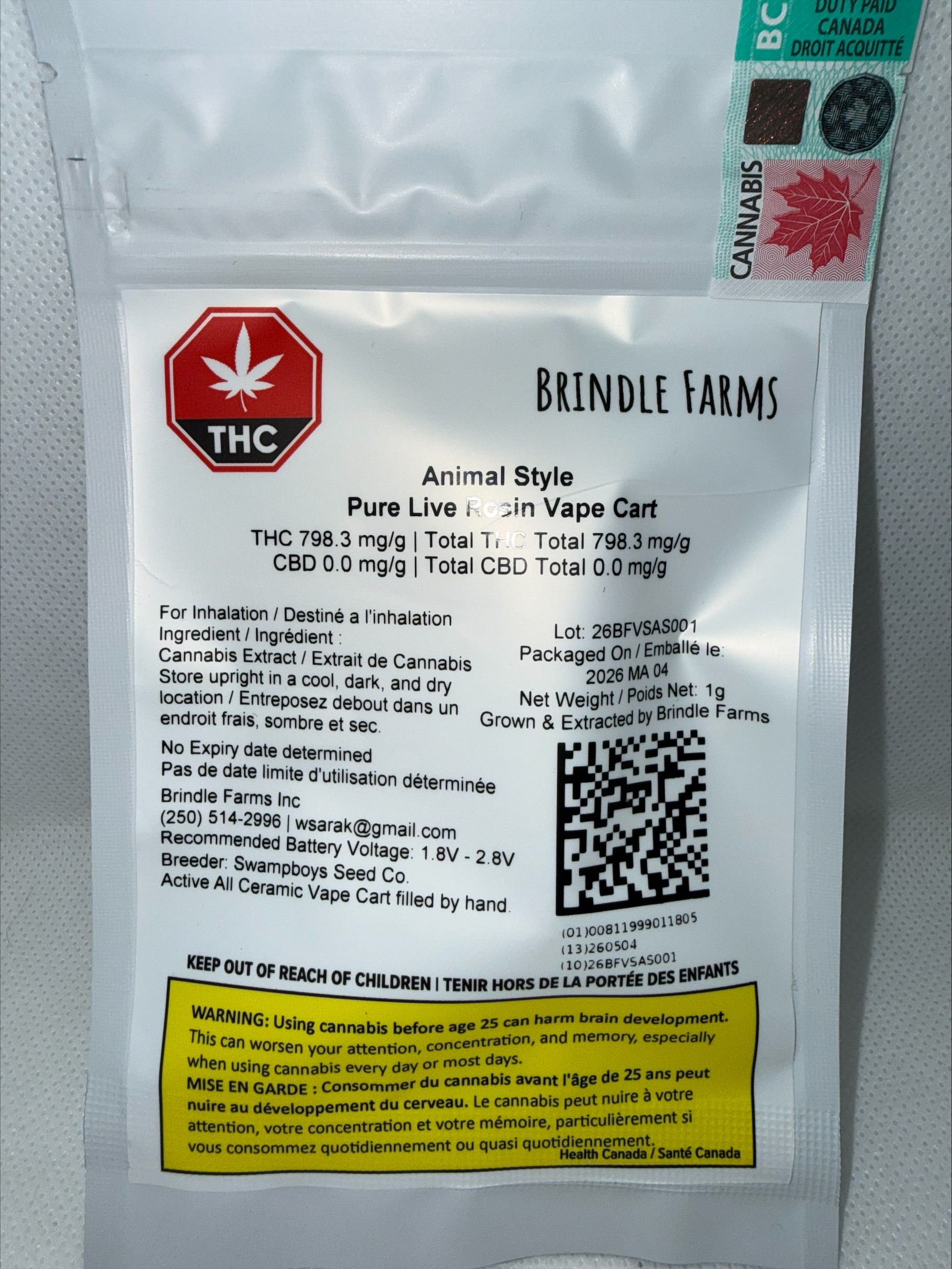 BRINDLE FARMS - ANIMAL STYLE PURE LIVE ROSIN CARTRIDGE LTO