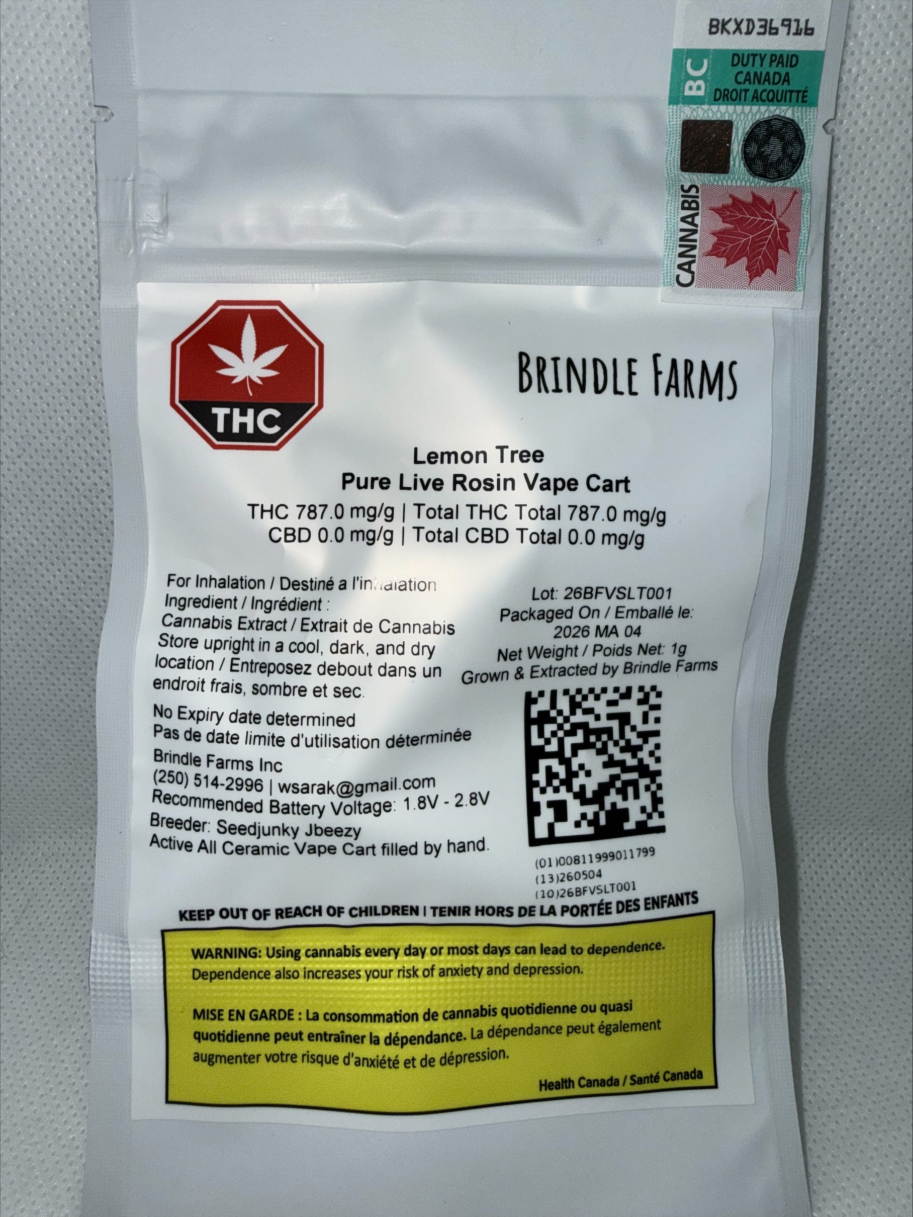 BRINDLE FARMS - LEMON TREE PURE LIVE ROSIN CARTRIDGE LTO